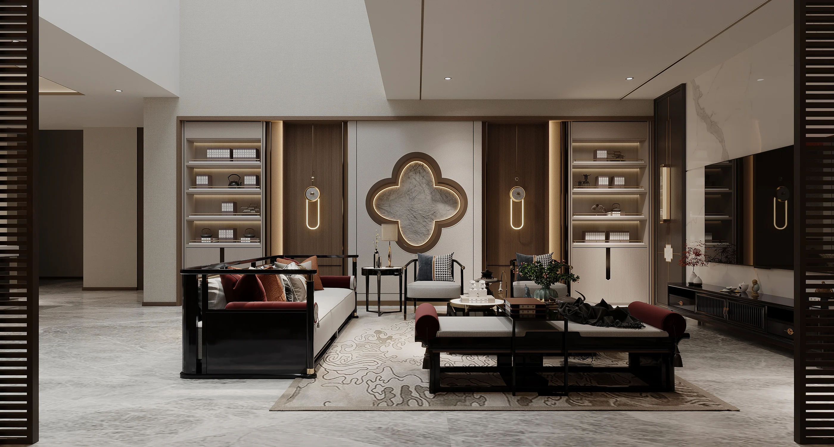 海晏春秋｜木色丹青｜客厅把山水放在关系之后｜横向艺术墙与对坐座席构成远近层次。