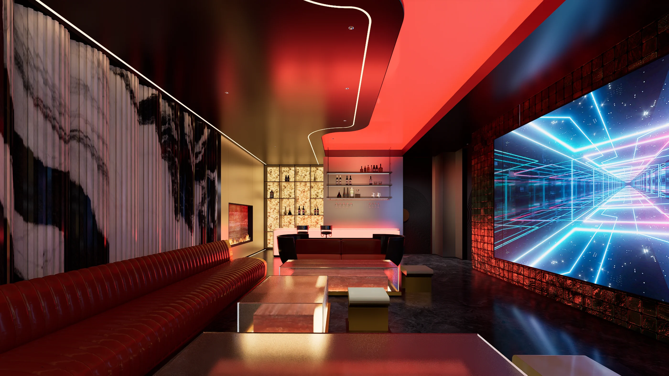 远洋 LAVIE｜昼白夜红｜聚会场景不只面向屏幕｜环形座席、吧台与舞台形成多中心关系。